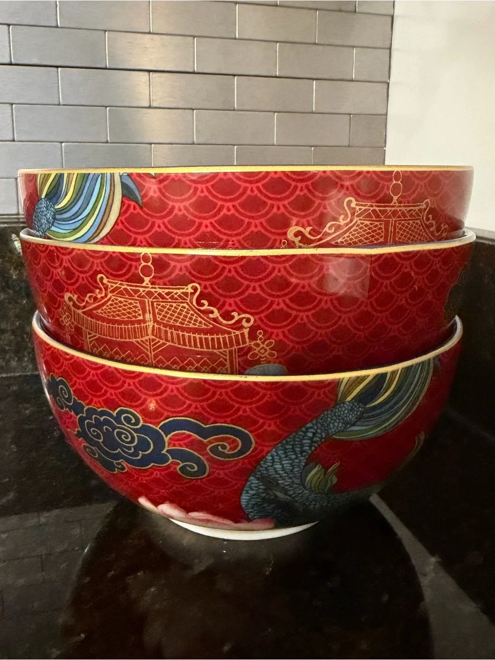 Williams Sonoma Lunar New Year Porcelain Noodle Bowl | 7” Gold Rim